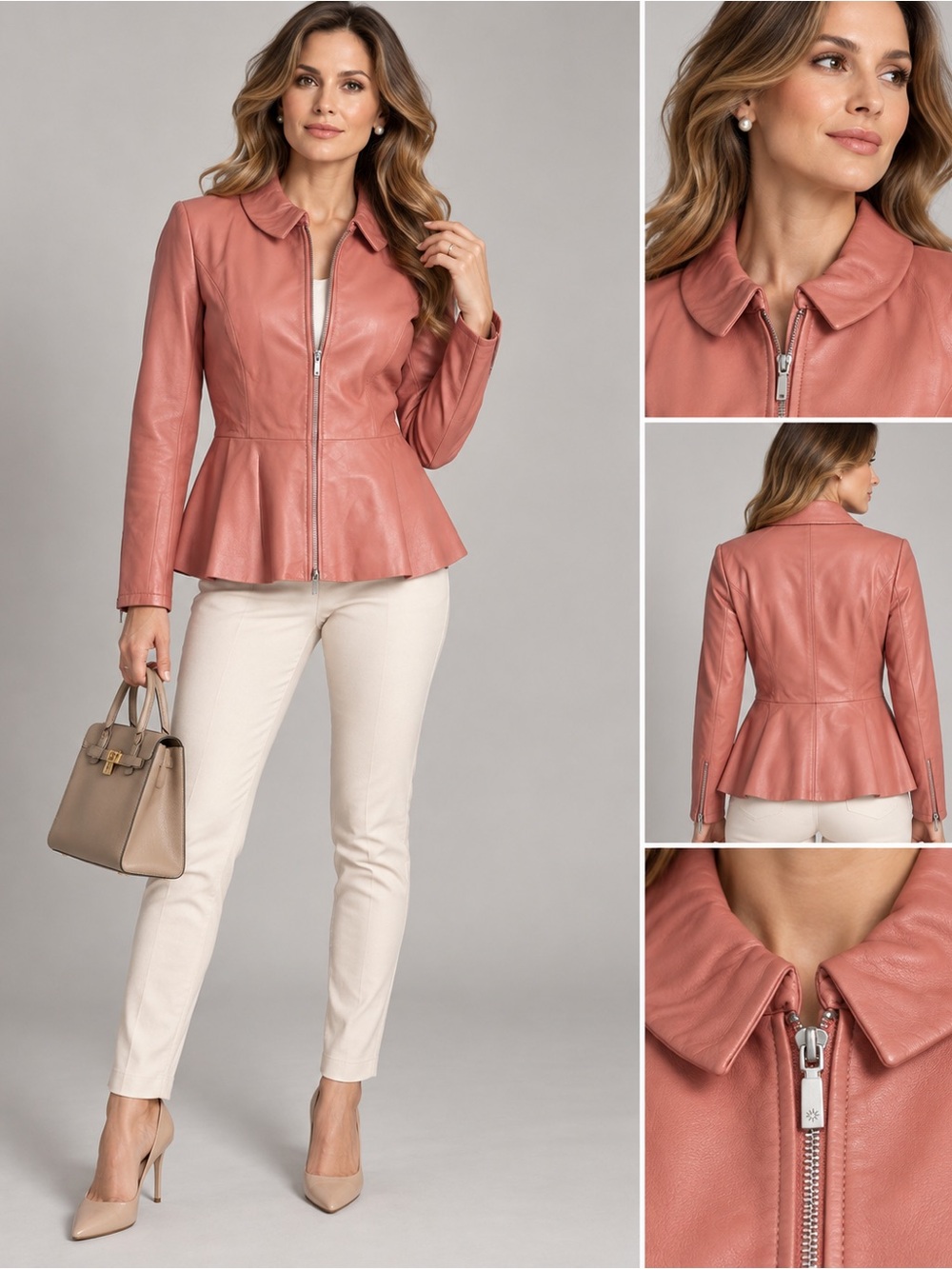 Isaac Mizrahi Live Genuine Leather Peplum Jacket Dusty Rose Size 6 Pink Biege